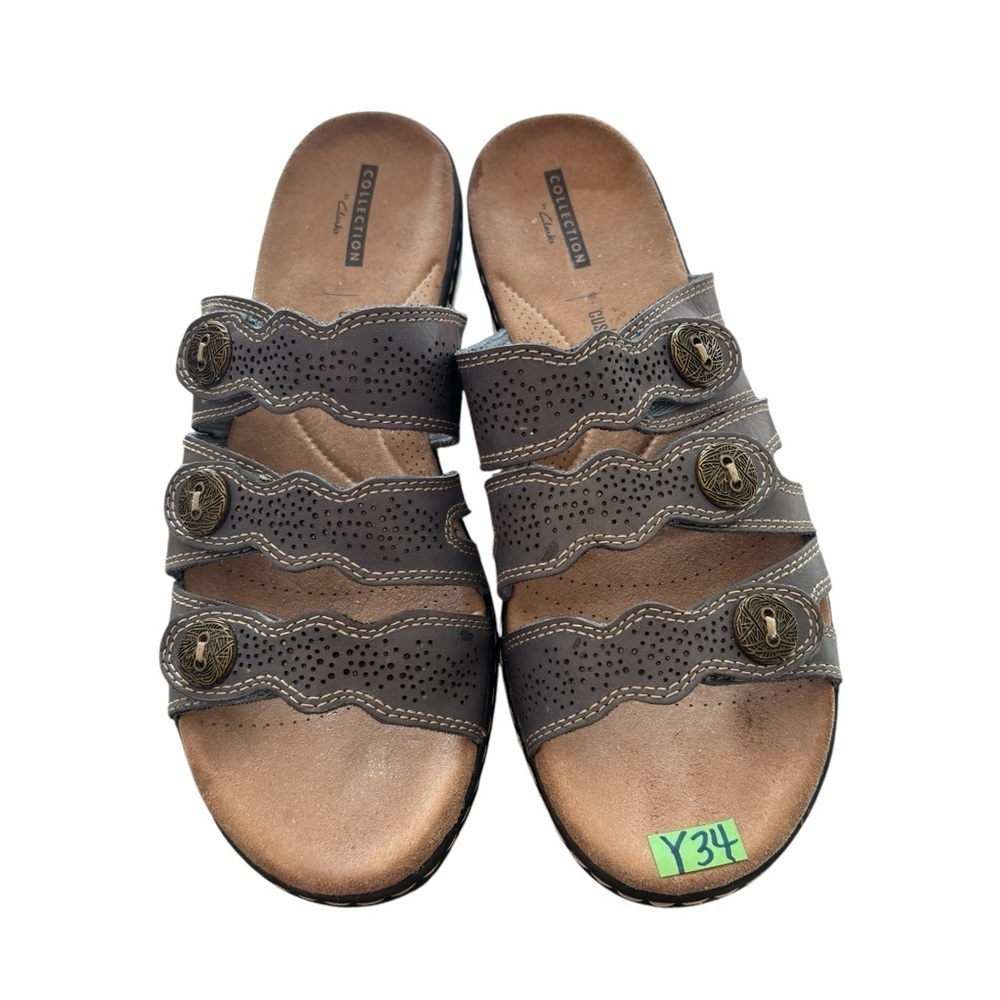 Clarks Soft Cushioned Leisa Taupe Leather Strap SlipOn Sandals Sz 9.5 Adjustable - Picture 9 of 10